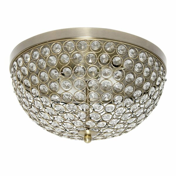 Lalia Home 13in Classix  Crystal Glam Two Light Dome Shaped Metal Flush Mount Ceiling Fixture, Antique Brass LHM-2000-AB